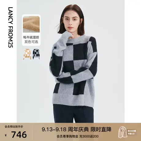 朗姿复古棋盘格氛围感短款圆领上衣女秋冬季新款宽松毛针织衫毛衣商品大图