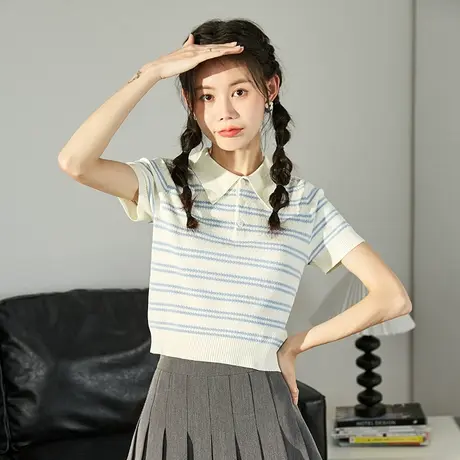 唐狮条纹polo衫夏季女针织短袖t恤甜美洋气百搭基础别致上衣小衫商品大图