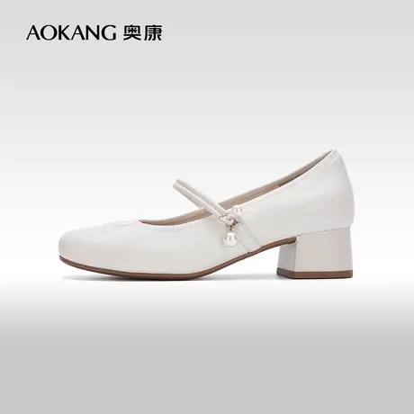 【门店发货】奥康女鞋 2024春季新款一字带浅口粗跟玛丽珍单鞋图片