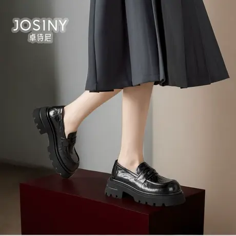 卓诗尼女鞋2024春季新款黑色乐福鞋女厚底皮鞋商场同款4J2A22561商品大图