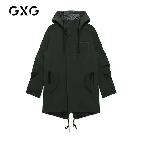 【特价】GXG男装 秋季绿色胶膜抽绳连帽长款风衣潮GY108398E图片