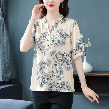 2023夏季新款缎面短袖衬衫女上衣桑蚕丝气质印花中年妈妈装小衫图片