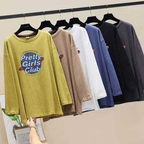 薄款侧开叉印花棉质中长款设计感小众显瘦宽松长袖t恤女夏季上衣商品大图