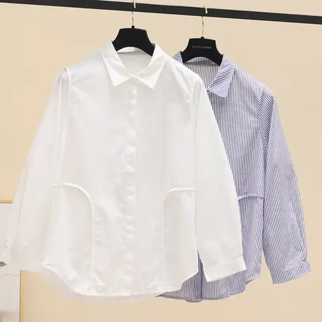 2023早秋新款爆款条纹衬衫女设计感小众宽松拼接复古港味长袖上衣图片