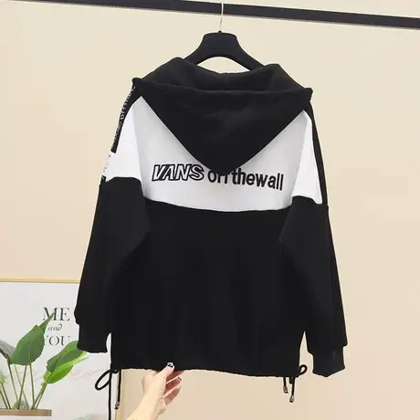 韩版连帽休闲拼色拉链卫衣女秋冬款宽松刺绣加厚oversize上衣外套商品大图