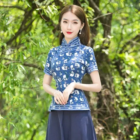 筠雅夏季旗袍式上衣唐装女中国风修身短袖盘扣茶服民国风复古女装商品大图