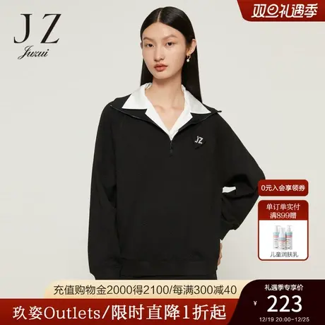 JZ玖姿插肩袖黑色长袖卫衣女装2022秋季新款翻领小众设计感上衣商品大图