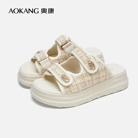 【门店发货】奥康女鞋 新款小香风厚底凉拖可外穿拖鞋商品大图