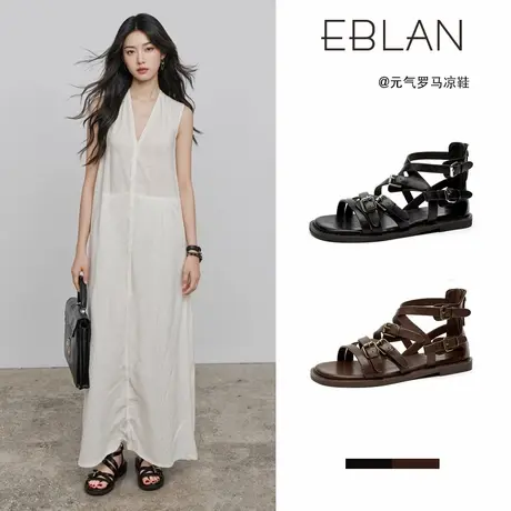 EBLAN/伊伴一字带凉鞋女2025夏季新款平底后拉链皮带扣沙滩罗马鞋图片