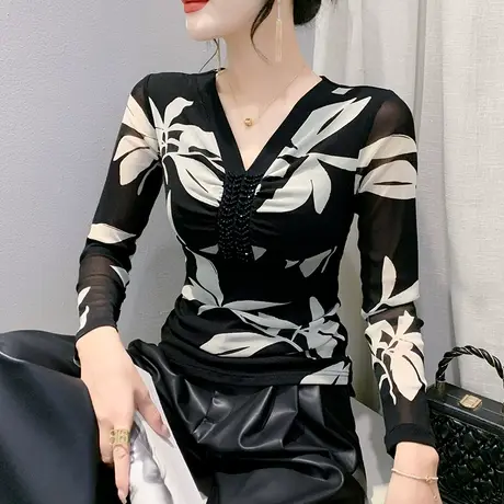 性感网纱印花V领T恤女长袖欧货烫钻钉珠上衣洋气修身透气打底衫秋商品大图