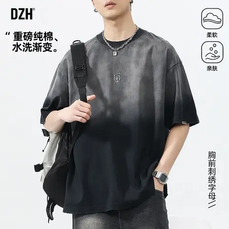 男士水洗渐变t恤男短袖夏季美式刺绣上衣高级感2025新款纯棉体恤商品大图