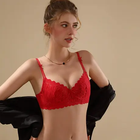 内衣女薄款大胸显小性感蕾丝法式三角杯收副乳软钢圈上托文胸套装商品大图