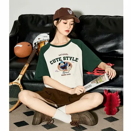 唐狮夏季新款女短袖T恤插肩袖撞色百搭时尚洋气小众宽松上衣商品大图