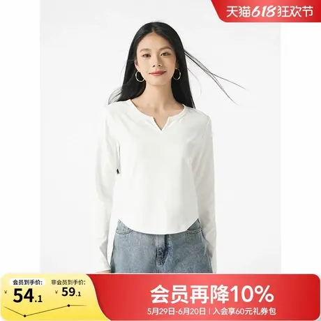 热风2025年春季新款女士小V领显瘦纯色打底T恤长袖内搭上衣女款商品大图
