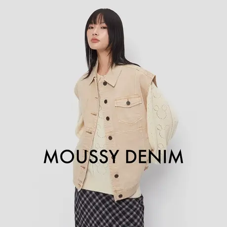 MOUSSY 夏季新品复古港风宽松翻领白色牛仔马甲028HAA10-2651图片