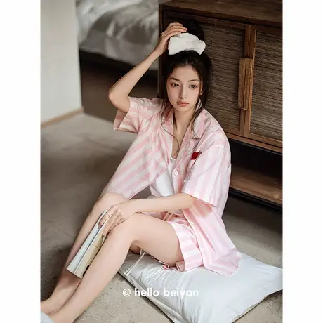贝妍睡衣女夏季薄款纯棉开衫短袖家居服粉嫩条纹少女宽松大码套装商品大图
