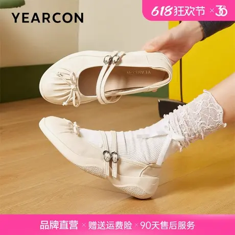 意尔康羊皮玛丽珍女鞋2025春季新款百搭真皮银色浅口蝴蝶结单鞋女图片