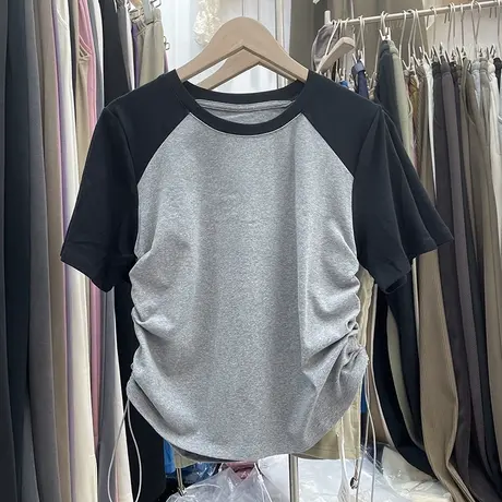 正肩t恤女插肩袖抽绳不规则纯棉短款短袖ins辣妹穿搭微胖mm上衣夏商品大图