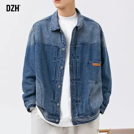 男士翻领牛仔外套男春秋款潮牌男装2023新款休闲上衣美式夹克衣服商品大图