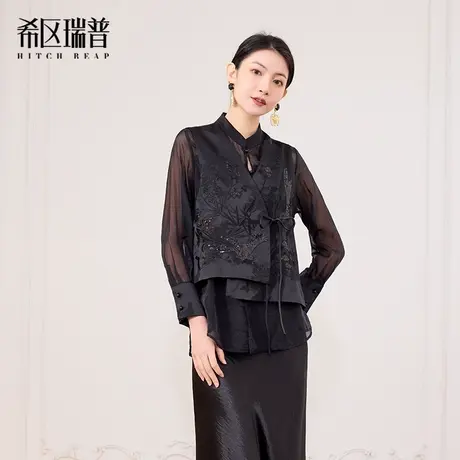 希区瑞普2025春季新中式国风假两件衬衫马甲上衣刺绣商品大图