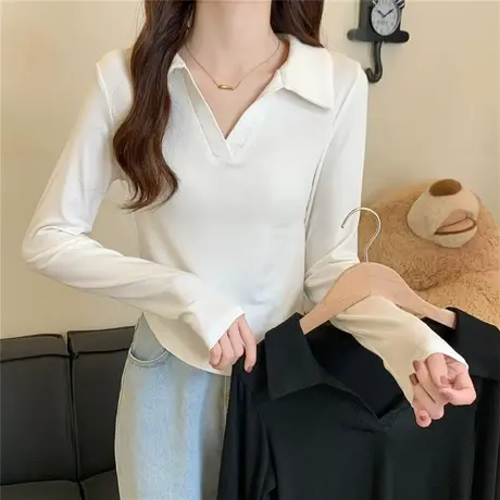 欧货polo衫长袖T恤女2023春秋新款修身内搭打底衫短款翻领上衣图片