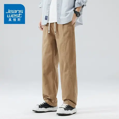 GZ真维斯春秋季宽松直筒松紧腰卡其色纯棉休闲长裤青少年男生裤子商品大图