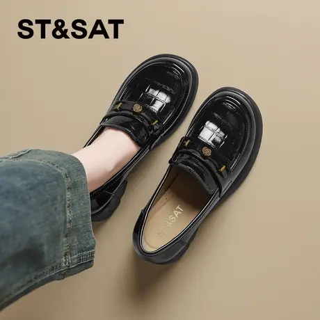 星期六爆款山茶花厚底乐福鞋女款2025秋季英伦风增高黑色小皮鞋子图片