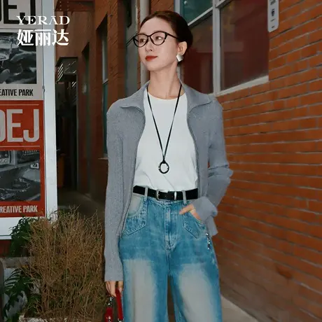 【商场同款】娅丽达修身长袖红色针织衫女春秋新款毛衣外套短上衣商品大图