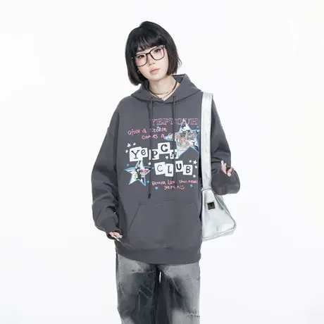 YEP复古印花连帽卫衣男女春季2025新款街头宽松情侣装连帽衫外套商品大图
