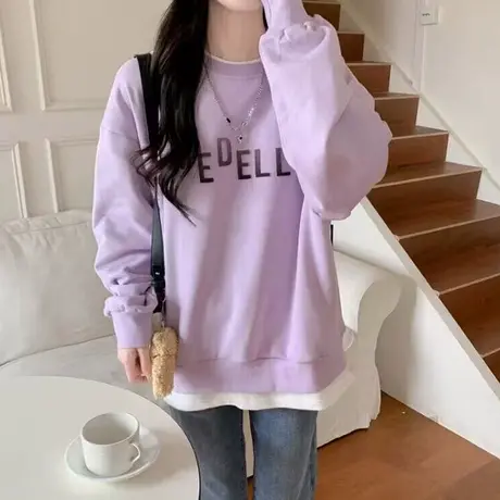 假两件圆领长袖卫衣女春秋季百搭宽松显瘦慵懒风薄款上衣情侣装潮商品大图