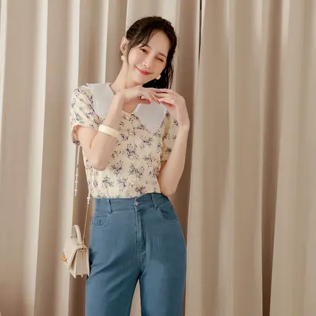 桔熊夏季韩版复古碎花蕾丝娃娃领短袖衬衫柔软上衣女大码AB15834商品大图