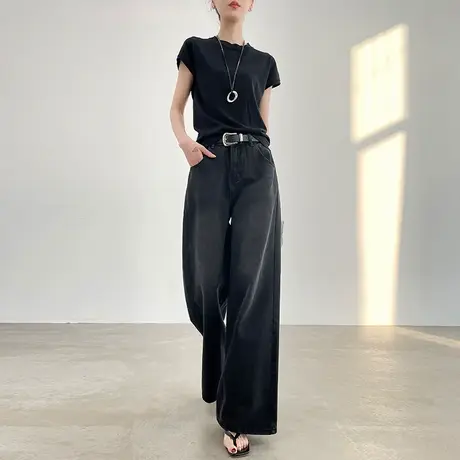 美式怀旧灰色加绒阔腿牛仔裤女2025年春季新款宽松高腰直筒拖地裤商品大图