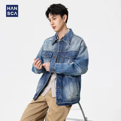 hansca美式复古牛仔外套男秋季2025新款水洗宽松破洞纯棉翻领夹克图片