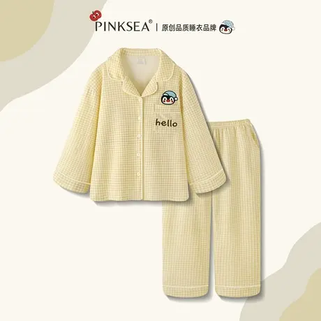 睡衣女款2025新款秋季长袖长裤翻领格子企鹅纯棉可外穿家居服套装商品大图