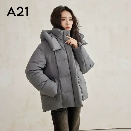 A21女装梭织宽松连帽落肩厚中长羽绒服轻盈蓬松加厚保暖羽绒外套图片