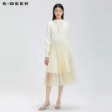 sdeer圣迪奥春秋装女装圆领收腰网纱泡泡袖连衣裙S231Z1208图片