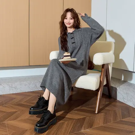 唐狮入秋韩系针织连衣裙女秋冬新款长款打底毛衣裙冬季灰色长裙y3商品大图
