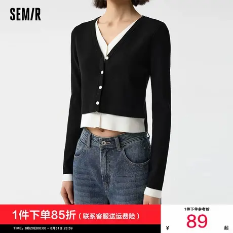 [商场同款]森马针织开衫女短款假两件2025秋新款紧身V领上衣显瘦商品大图