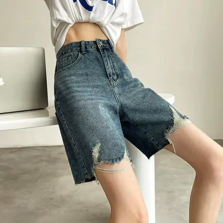 牛仔短裤女五分夏季薄款高腰直筒宽松显瘦设计感小众遮肉阔腿中裤商品大图