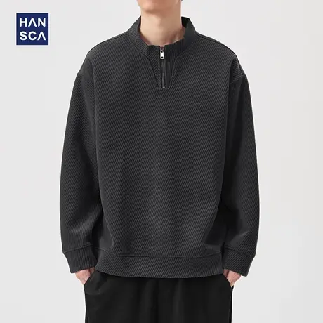 hansca550g重磅复古斜纹半拉链立领卫衣男士2025秋季宽松保暖上衣图片