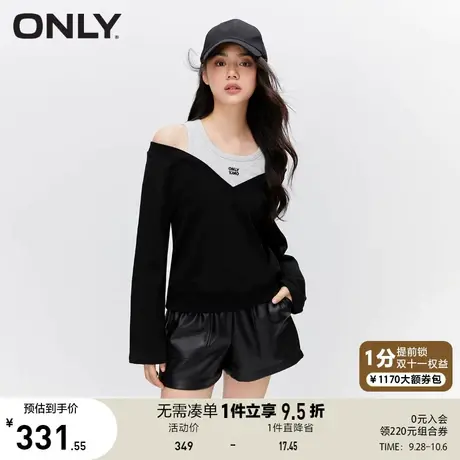 【买4免1】ONLY2023夏季新款时尚休闲字母刺绣撞色假两件卫衣女商品大图