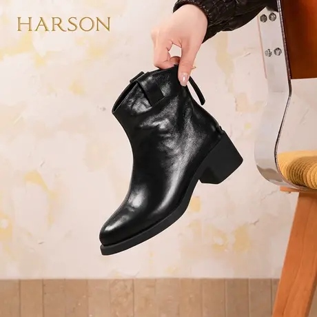 哈森圆头粗跟短靴女士秋冬黑色显瘦气质百搭通勤时装靴 HWA250201图片