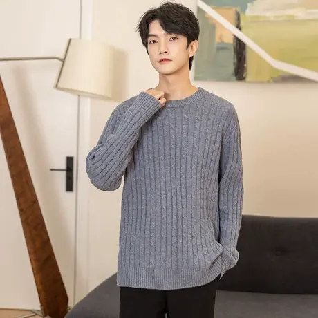 唐狮圆领绞花男士毛衣冬季新款内搭宽松复古休闲男羊毛衫百搭男装图片