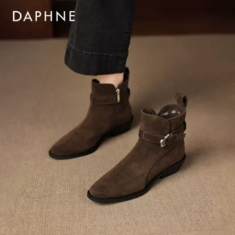 达芙妮棕色短靴女2026新款方头马丁靴子冬季加绒妈妈瘦瘦切尔西靴商品大图