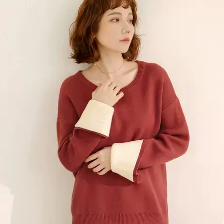 桔熊秋冬季简约包芯纱针织衫撞色袖口保暖宽松毛衣女装大码FA2592图片