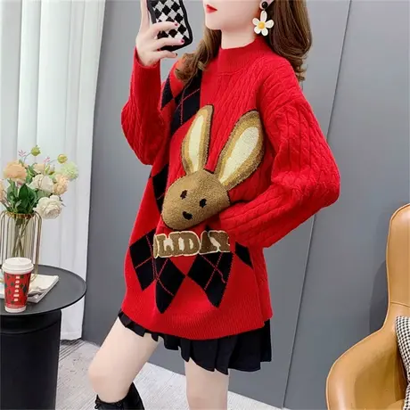 红色卡通圆领毛衣女秋冬2022年新款韩版宽松慵懒风麻花打底针织衫商品大图