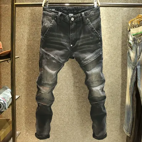 时尚拼接潮牌牛仔裤男款黑灰色修身小脚裤秋冬款机车百搭弹力裤子商品大图