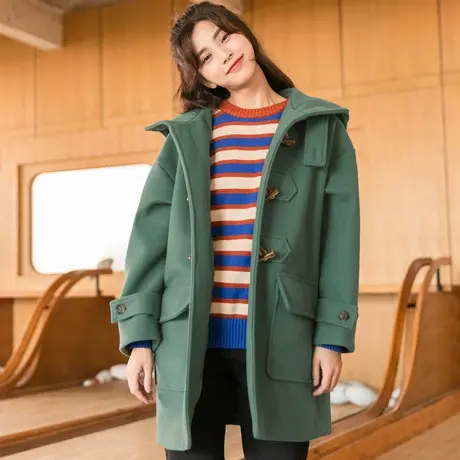 尔给毛尼外套女中长款新款牛角扣连帽女装百搭呢子大衣女图片