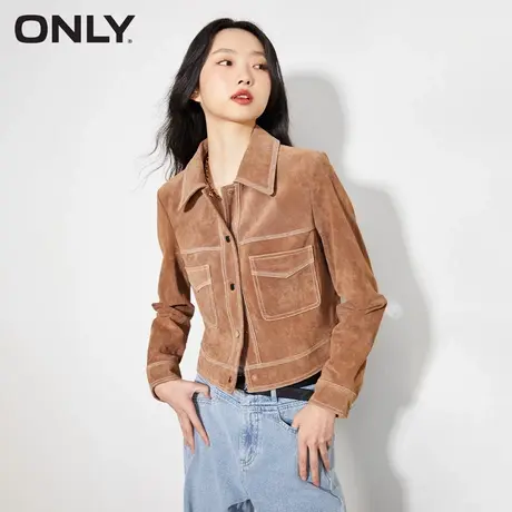 ONLY奥莱通勤风明线设计按扣款皮衣短款外套女商品大图