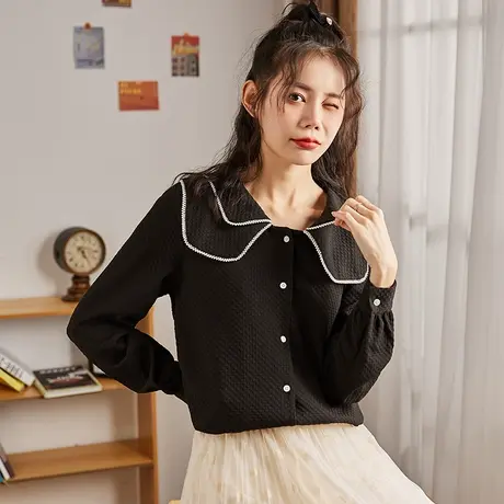 唐狮黑白衬衫女春秋季法式漂亮双层娃娃领长袖衬衣简约文艺上衣图片